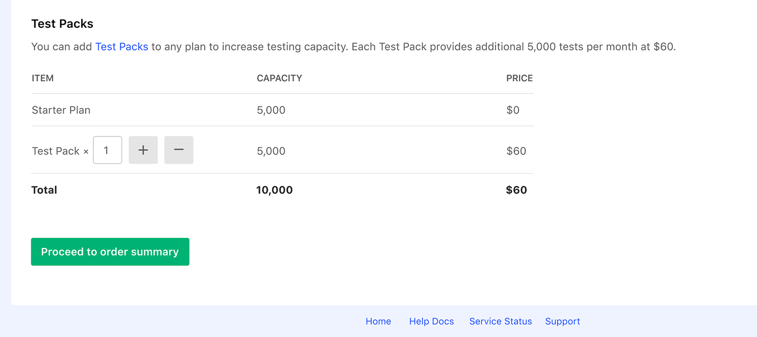 Add or remove Test Packs to control testing capacity without changing your Plan.