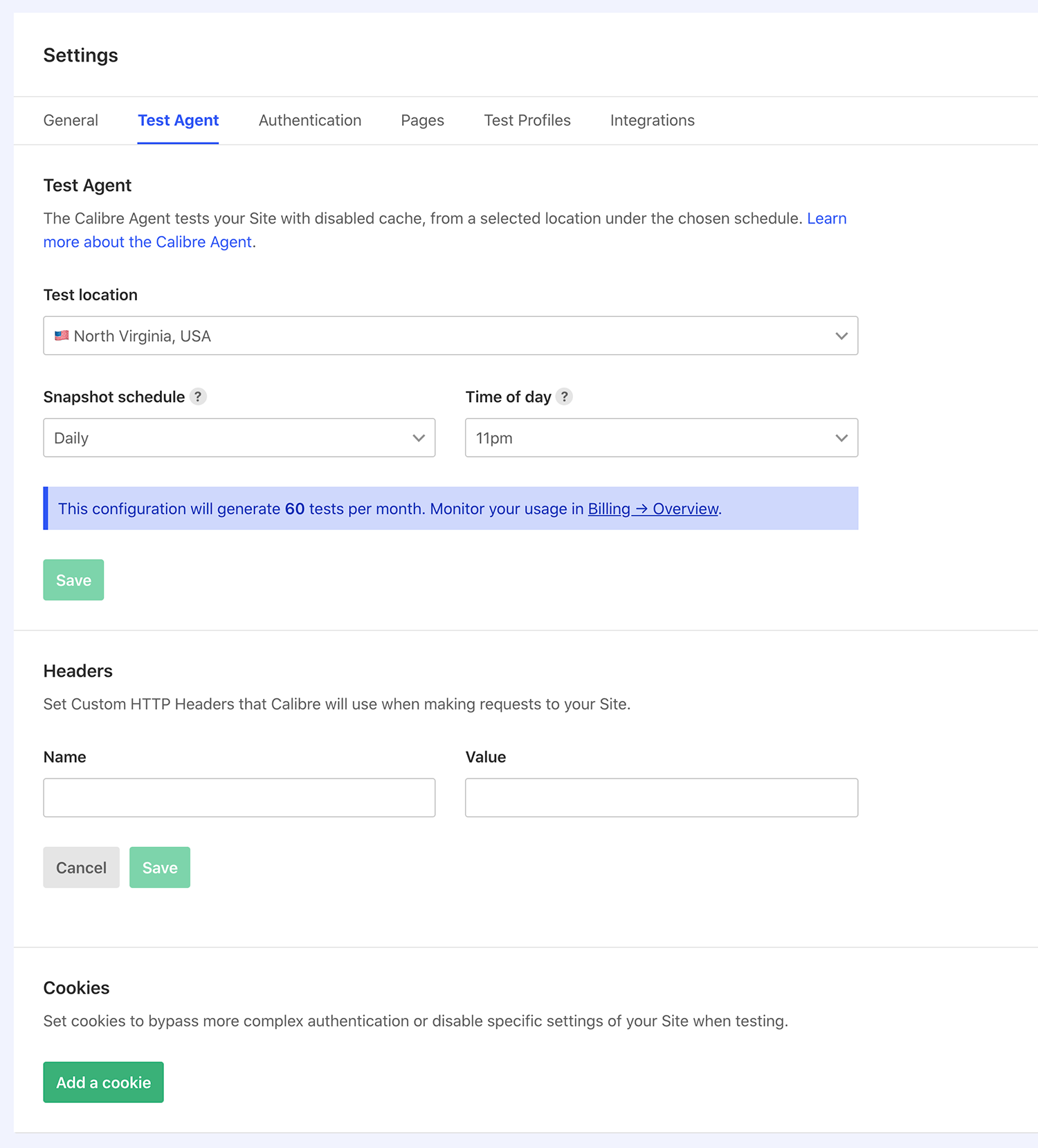 Use global Headers and Cookies to run Site-wide tests with custom authentication and settings.