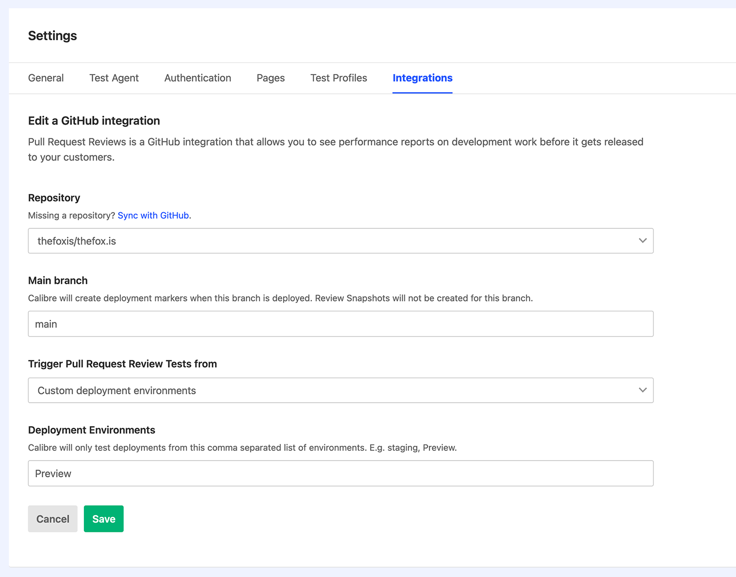 Editing the GitHub integration to recognise a specific deployment environment.