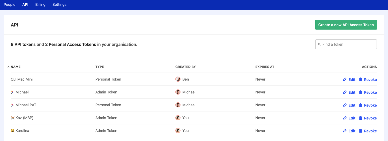API tab showing several API Tokens with their types and creator.