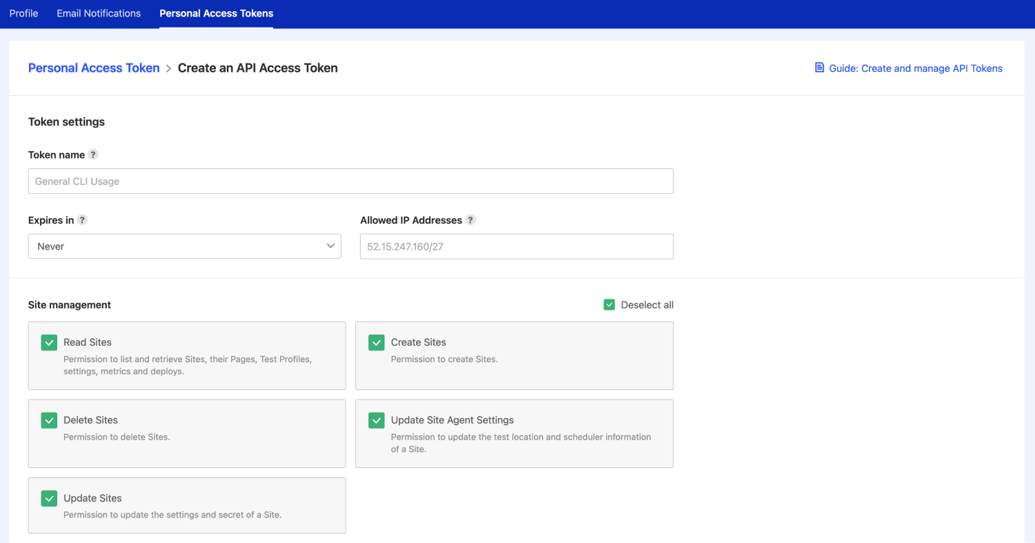 Creating a Personal Access Token in Profile Settings.