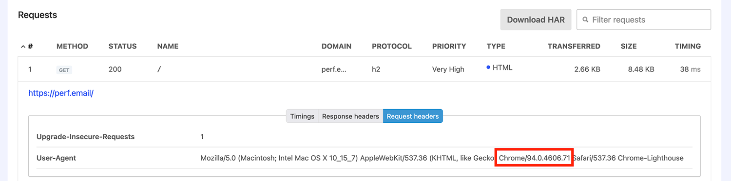 Request Header showing the Chrome version of the Calibre Test Agent