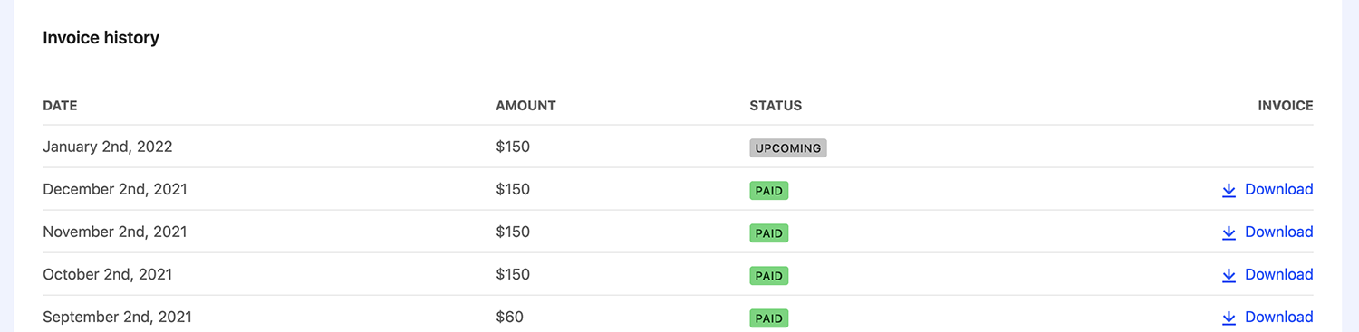 List of paid invoices and upcoming invoice payment for your Calibre subscription