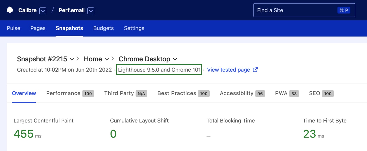 Meta information for a Snapshot test including newly added Lighthouse and Chrome versions.