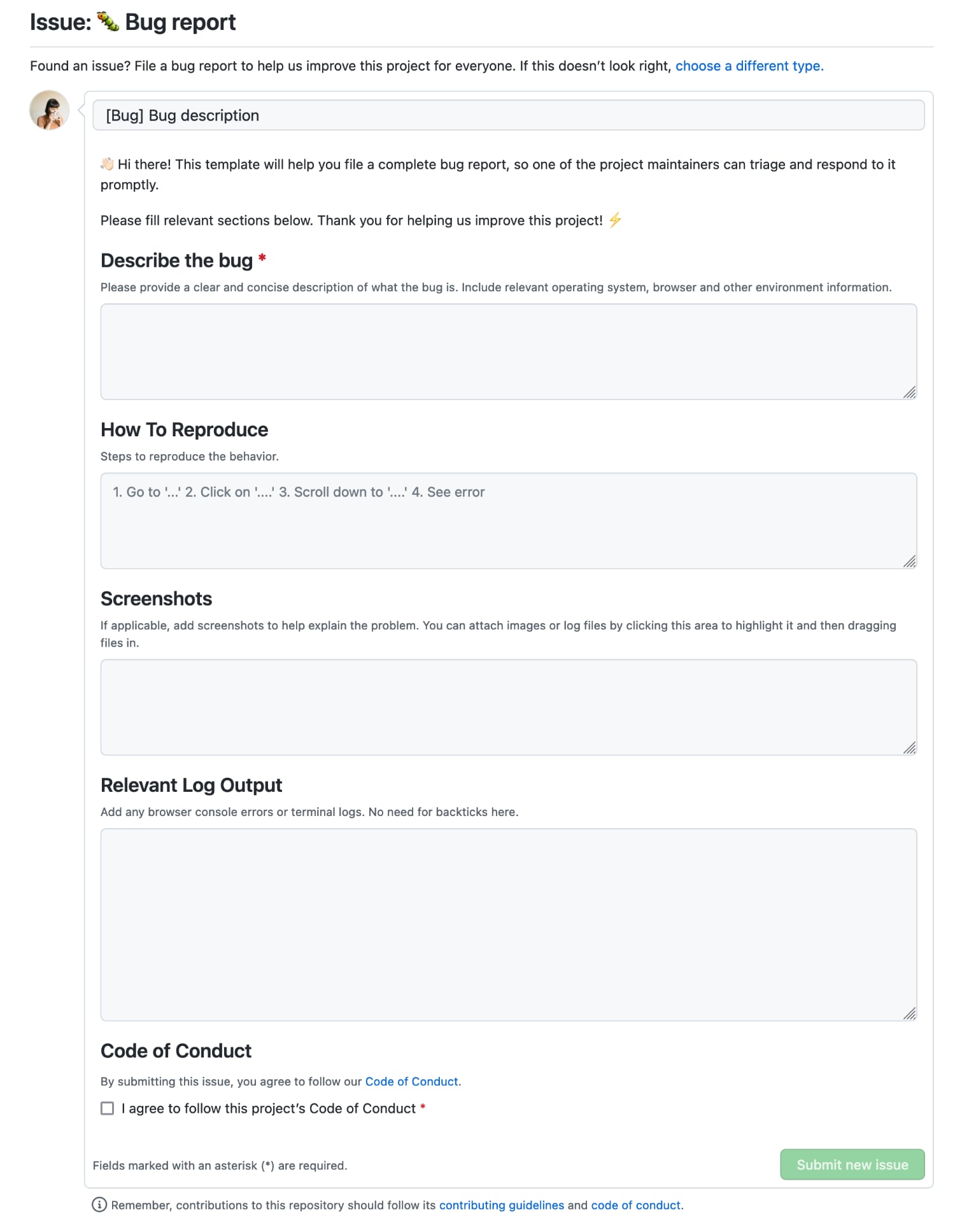 GitHub issue form for React Live Chat Loader library featuring fields for bug description, steps to reproduce, screenshots, log output and Code of Conduct checkbox.