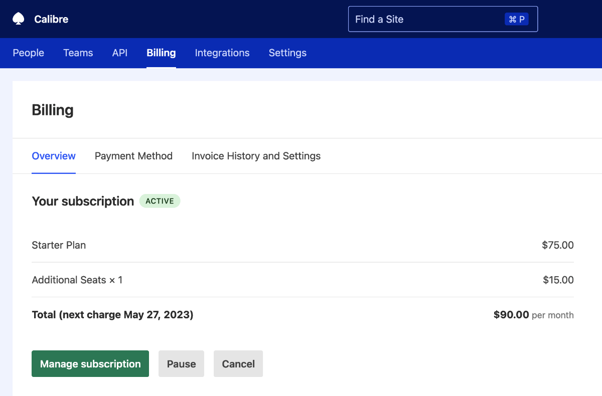 Billing Overview page showing a summary of your subscription with an option to pause it.
