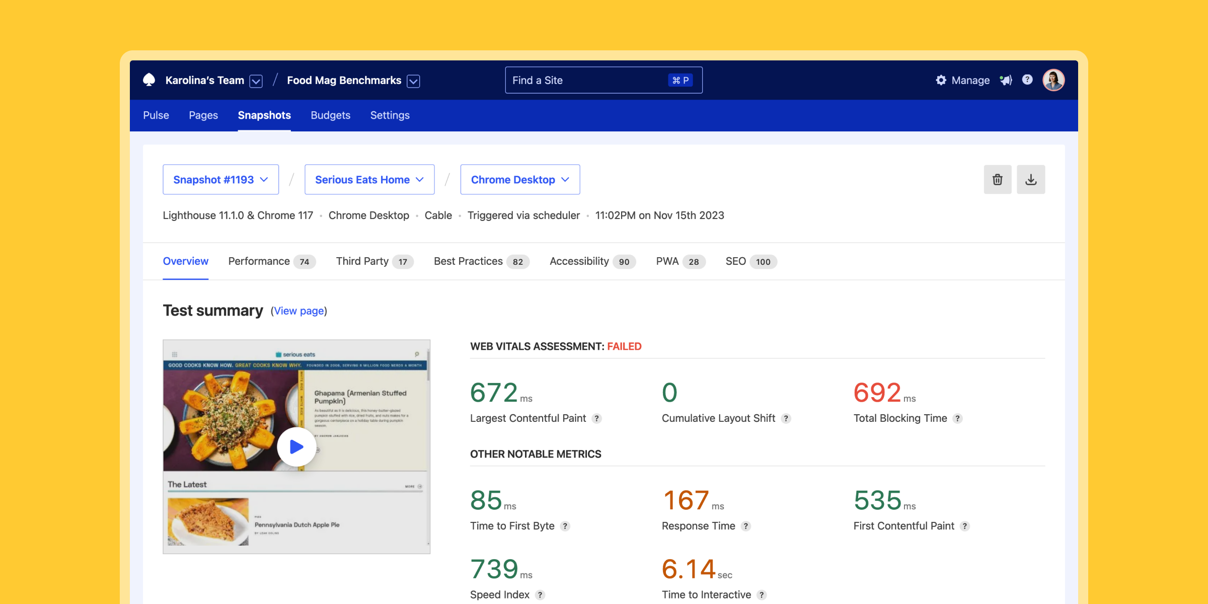 Calibre’s Snapshot Overview for Serious Eats landing page showing Web Vitals assessment as failed
