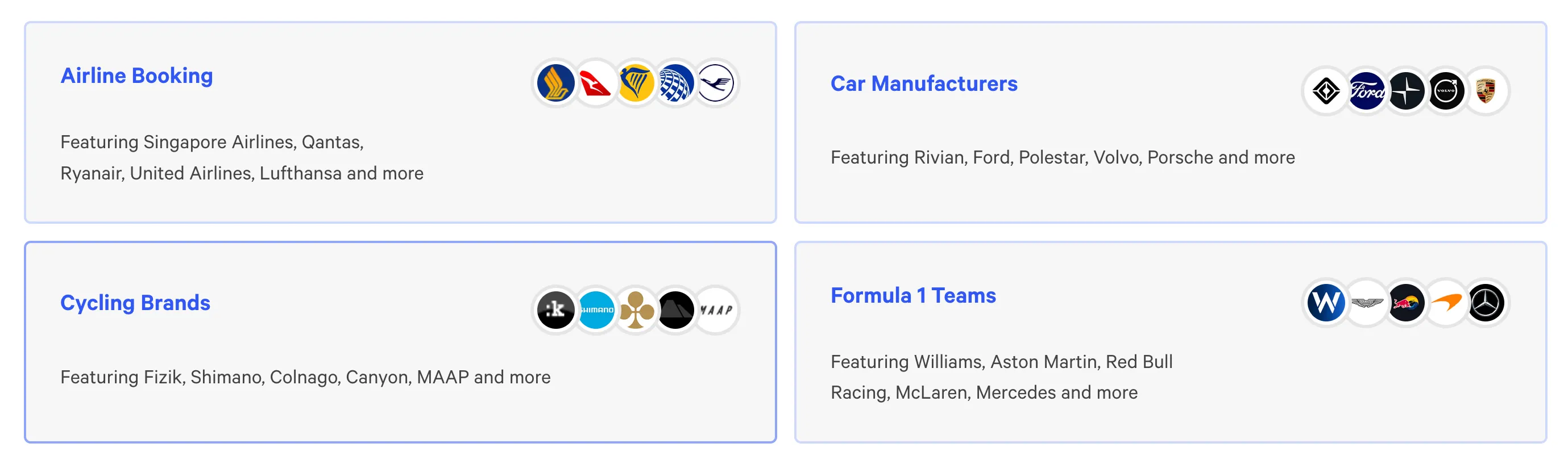 Screenshot: Leaderboards by industry sector: Airline Booking Engines, Car Manufacturers, Cycling Brands and Formula 1 teams.