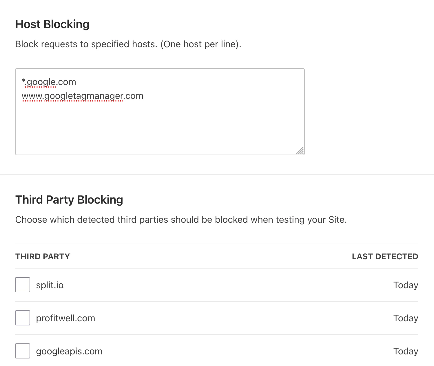 Screenshot: Host Blocking and Third Party Blocking in Test Profile settings.