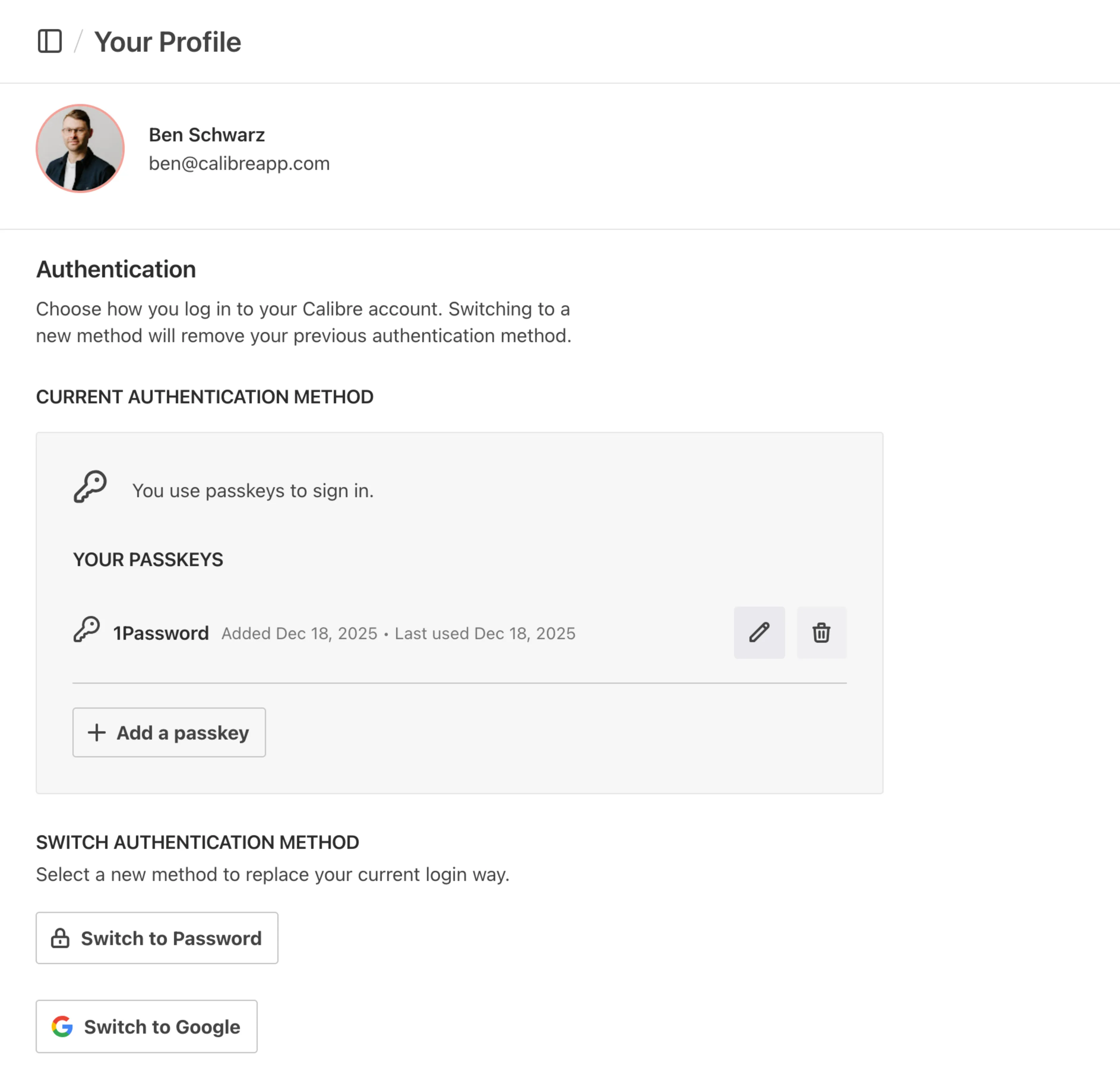 Passkey management interface showing registered passkeys