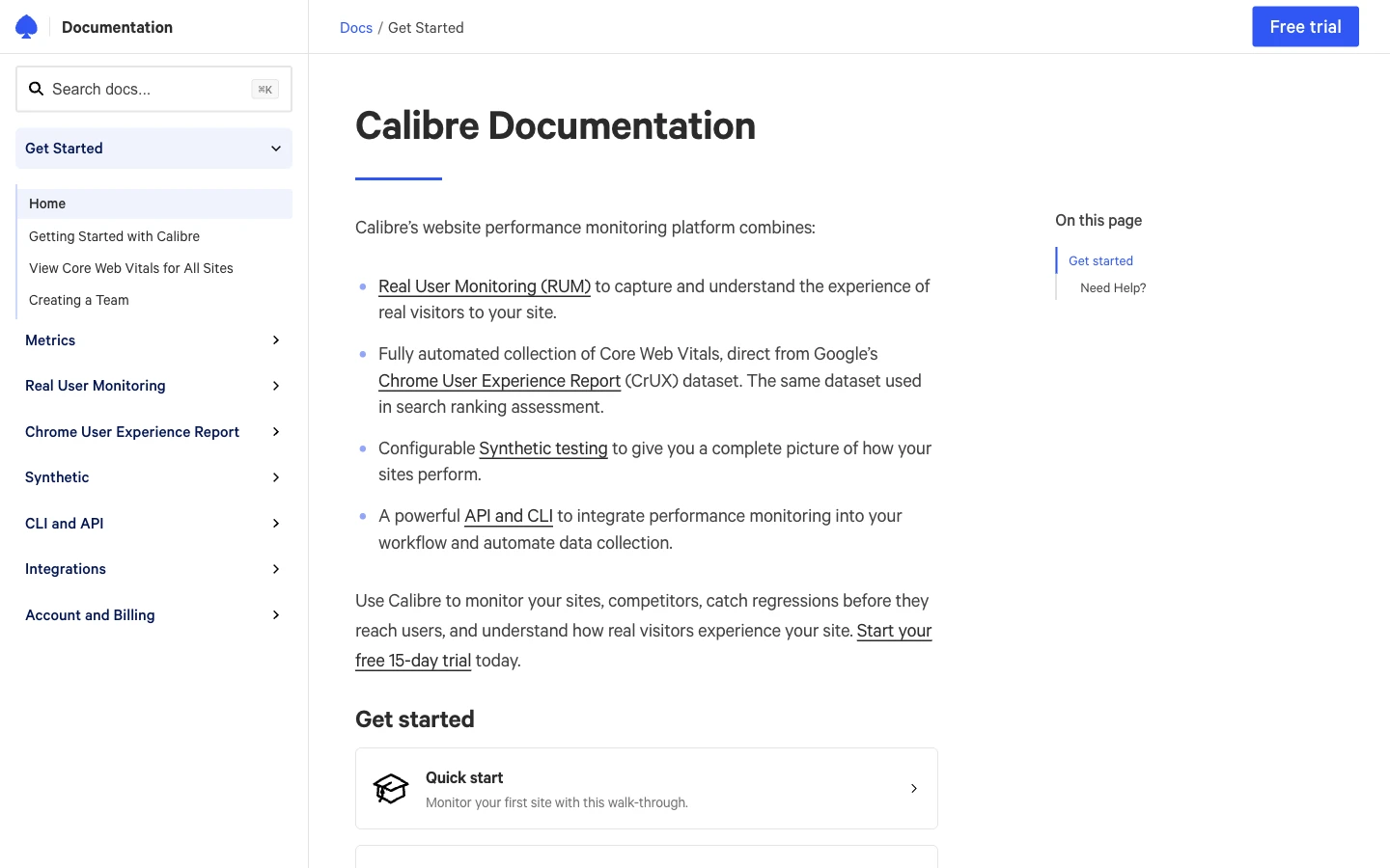Calibre’s redesigned documentation site showing the home page with structured navigation, search and getting started guides