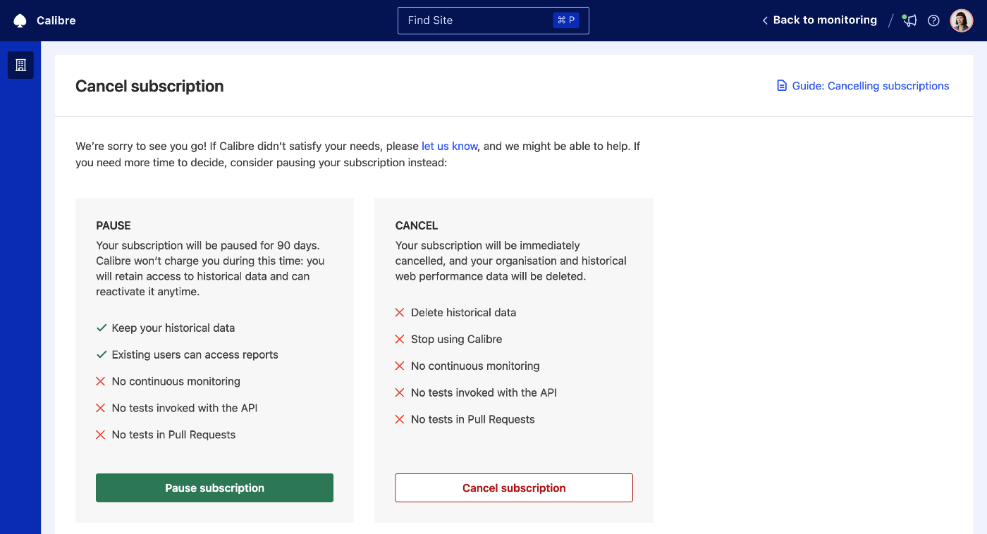 Confirmation screen when deleting your organisation and cancelling the subscription.