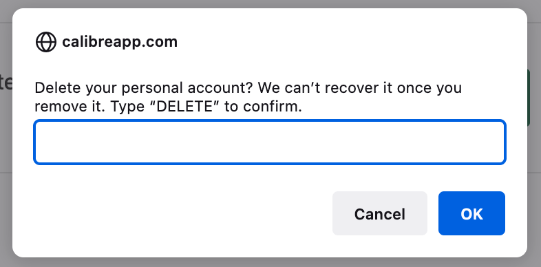 Confirmation screen when deleting your personal account.