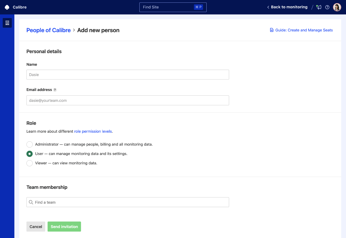 Invite a person to your organisation by providing their name, email and role.