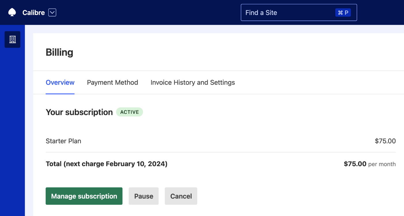 Billing page with subscription overview, outlining current and upcoming charges