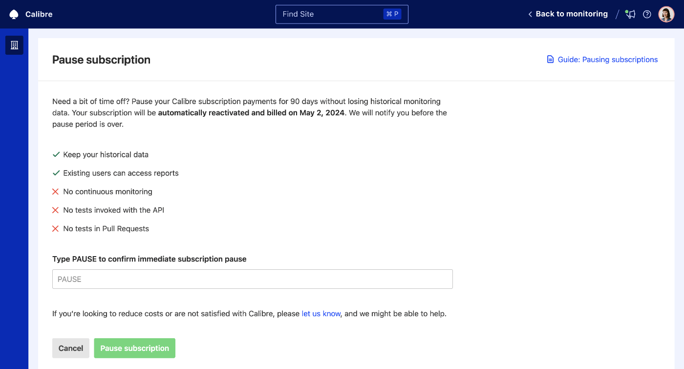 Pause page showing a list of features that remain accessible when a subscription is paused with an option to confirm the pause action