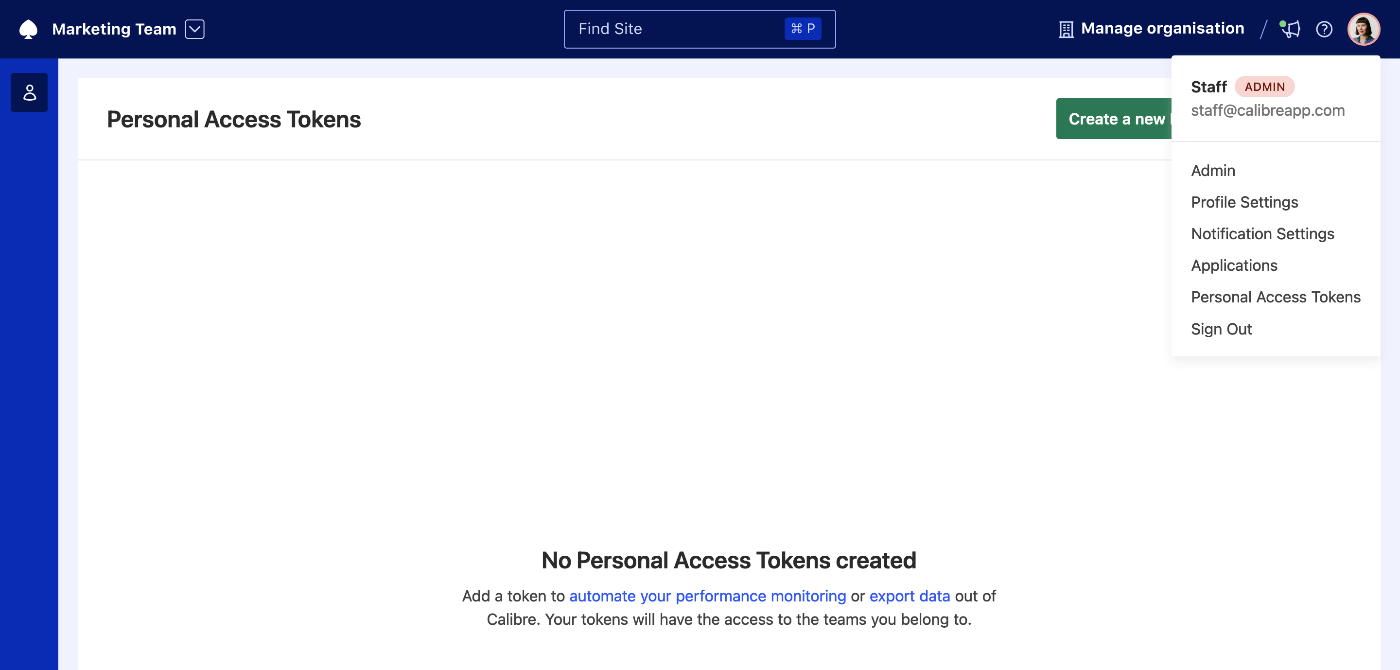 Accessing the Personal Access Token page
