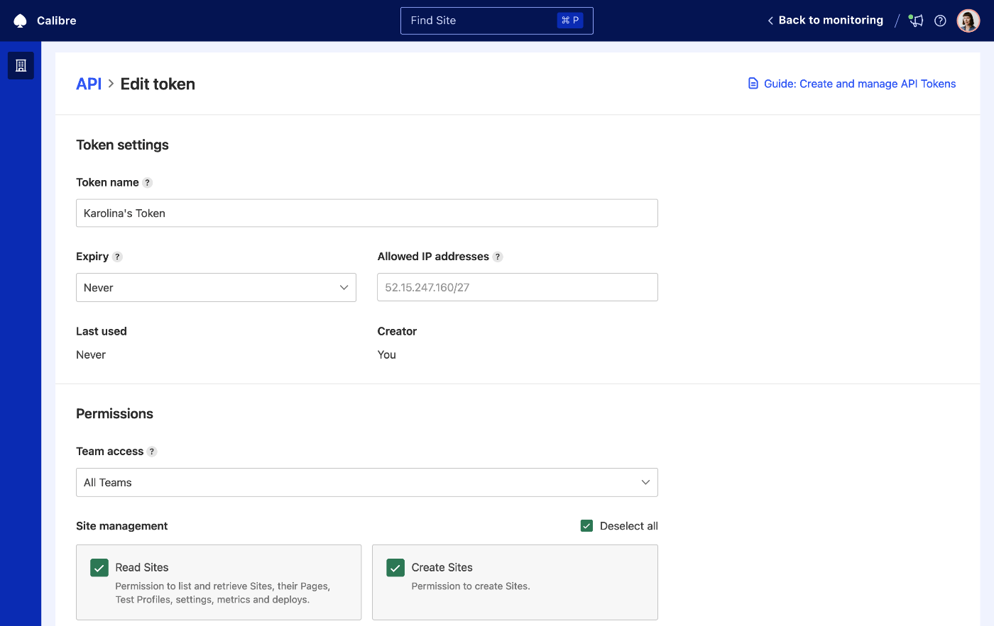 Editing an API Access Token with selected permissions