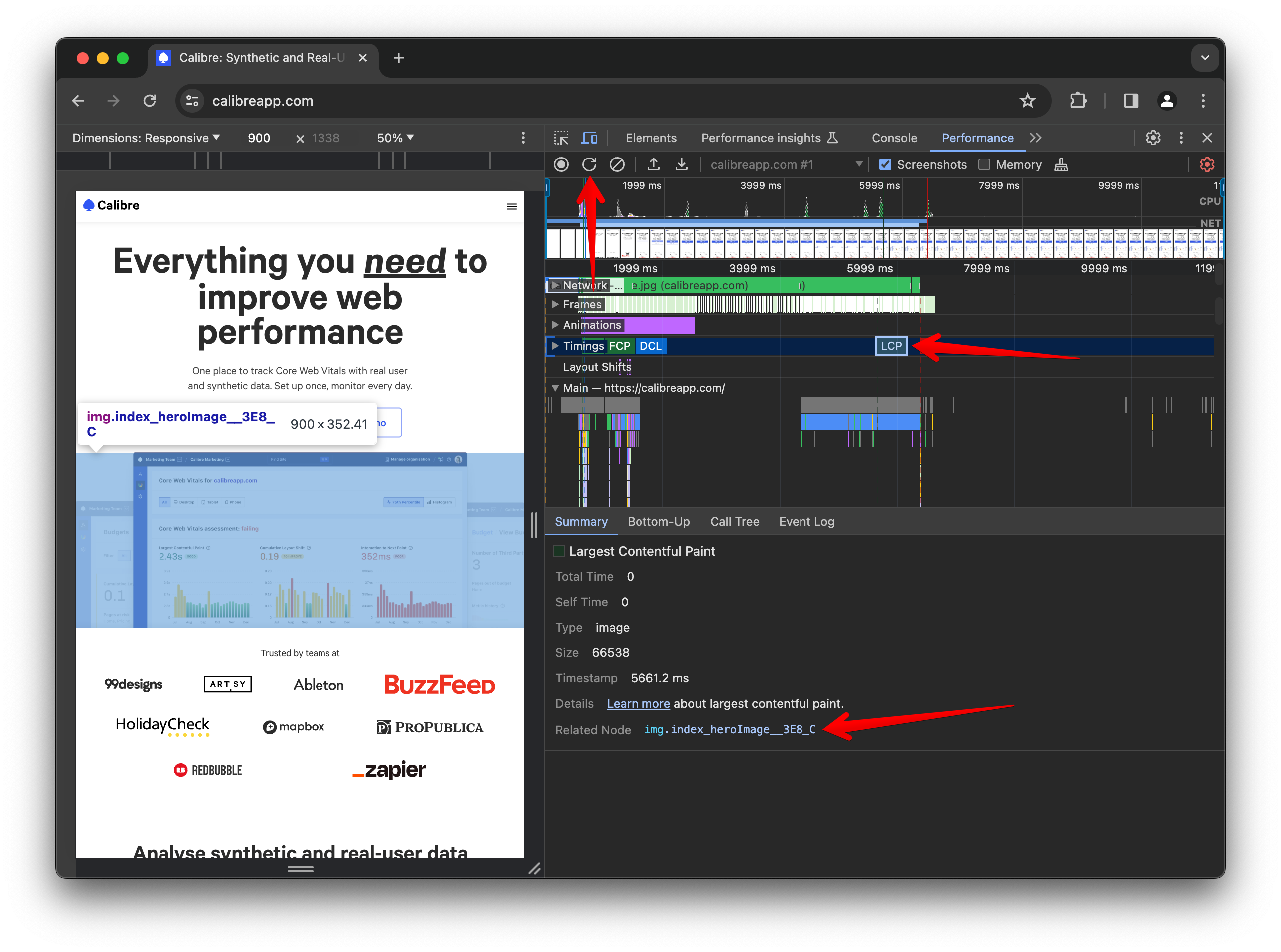 Chrome Devtools LCP element highlighted in the Performance panel.