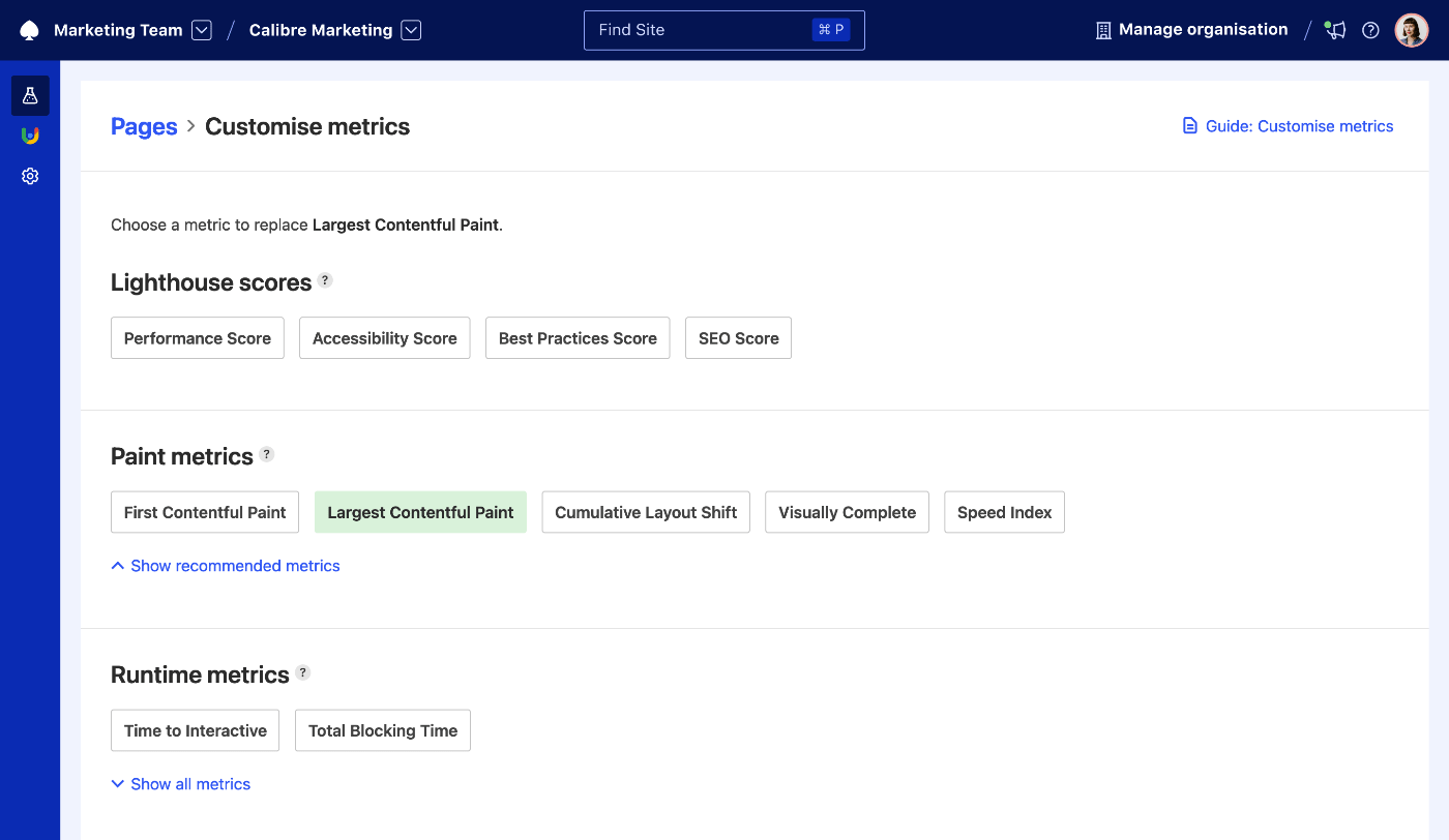 Customising metrics to be displayed on the leaderboard based on recommended sets