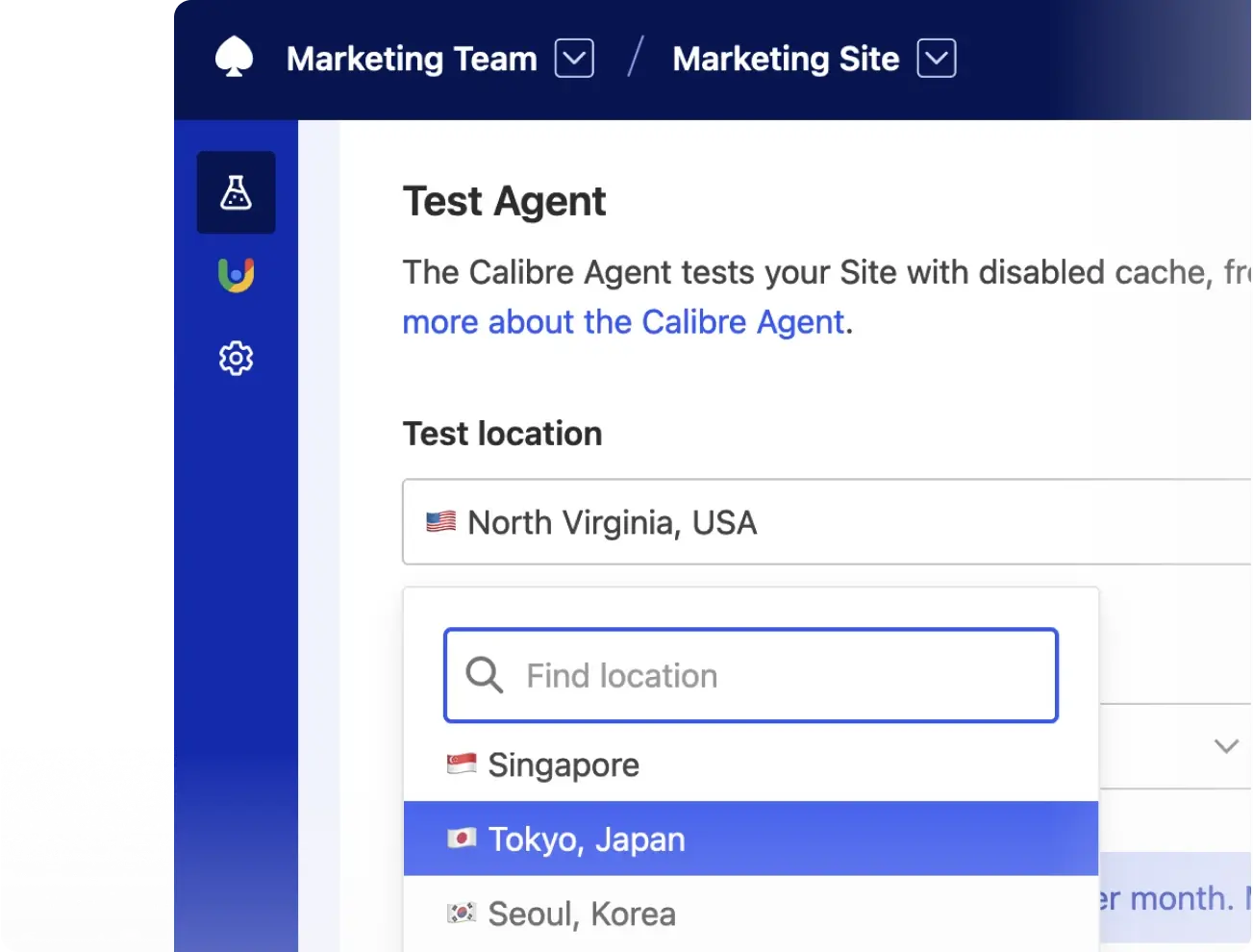Test settings for a site with a select for test location with Japan chosen.