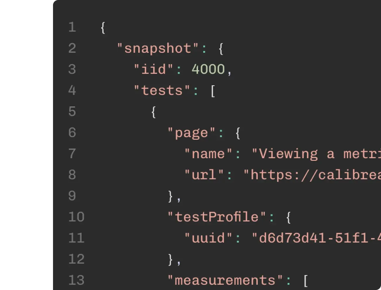 Code editor with an example JSON output for a Snapshot retrieved from Calibre.