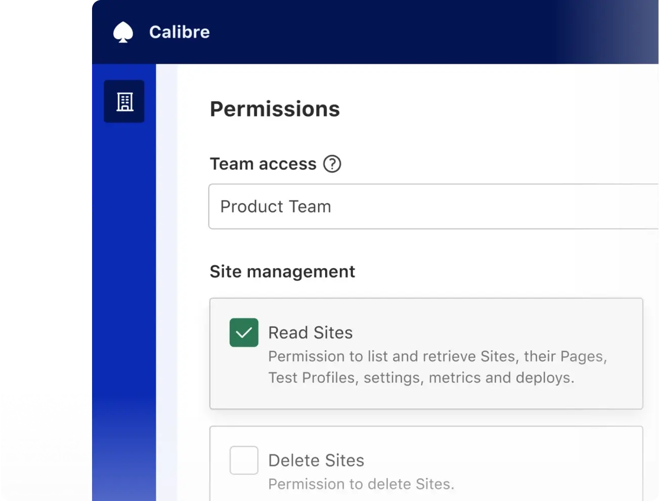 Calibre interface showing list of permissions set for a chosen team with the ability to read Site data only.