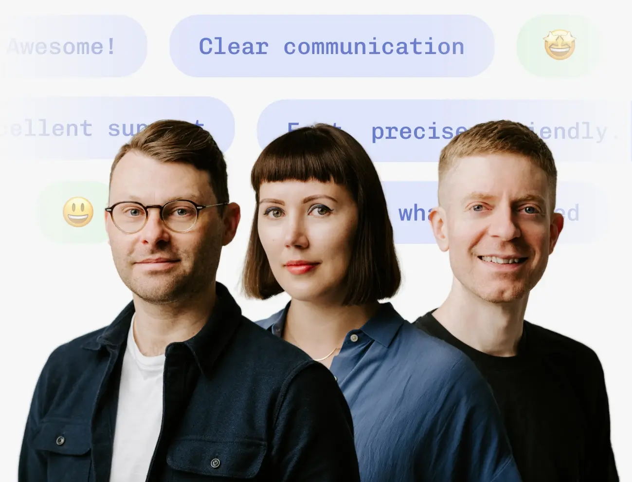 Portraits of Calibre team with a background with quotes from support, including "Awesome!", "Clear communication", "Excellent support".