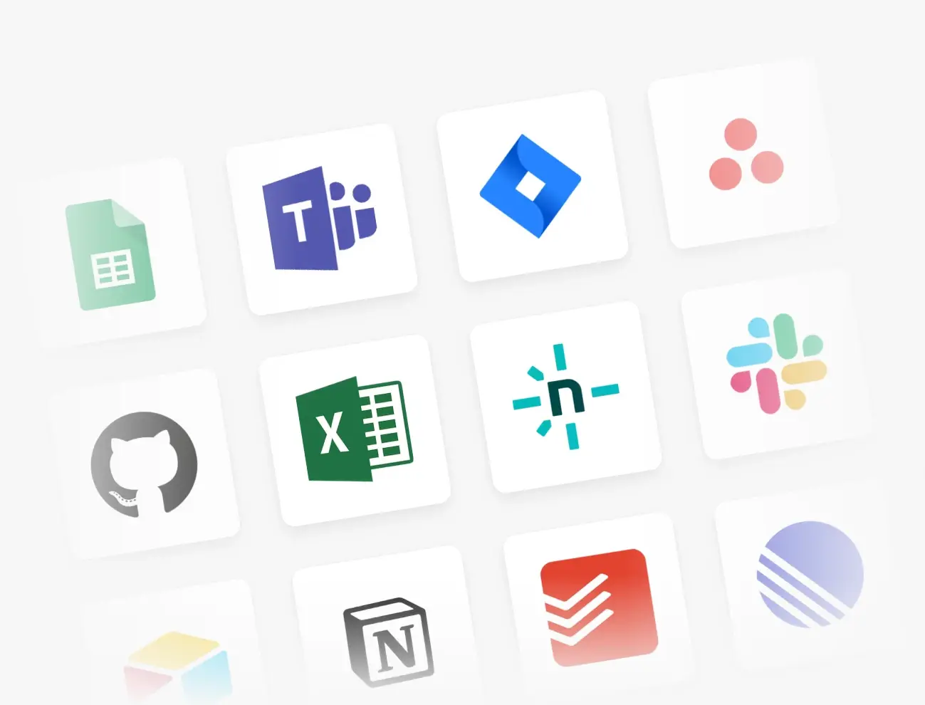Collage of logos for numerous collaboration, productivity and data services, such as Google Sheets, Microsoft Teams, Jira, Asana, GitHub, Slack, and more.