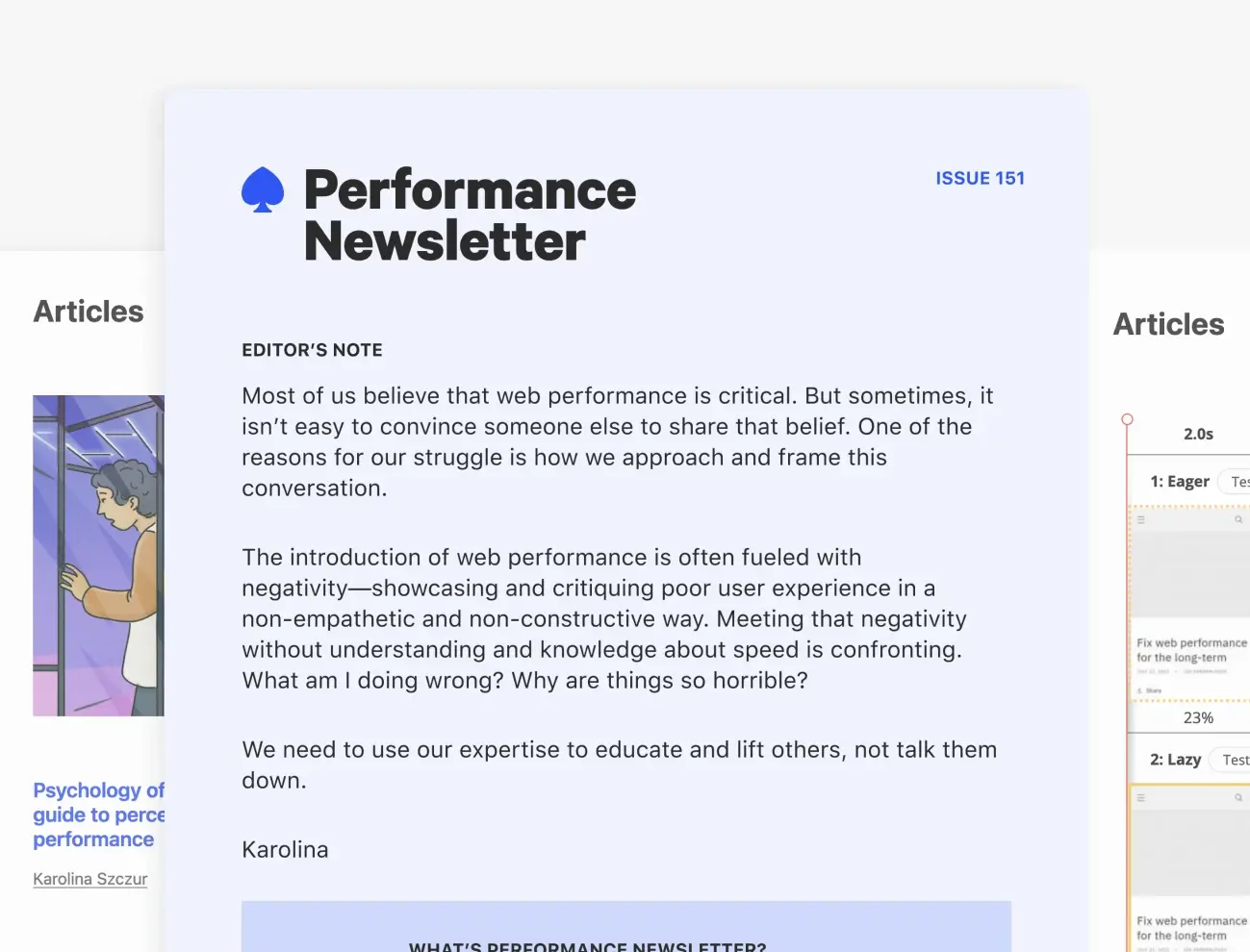 Preview of the Performance Newsletter with an introduction from the editor at the front and article previews behind.