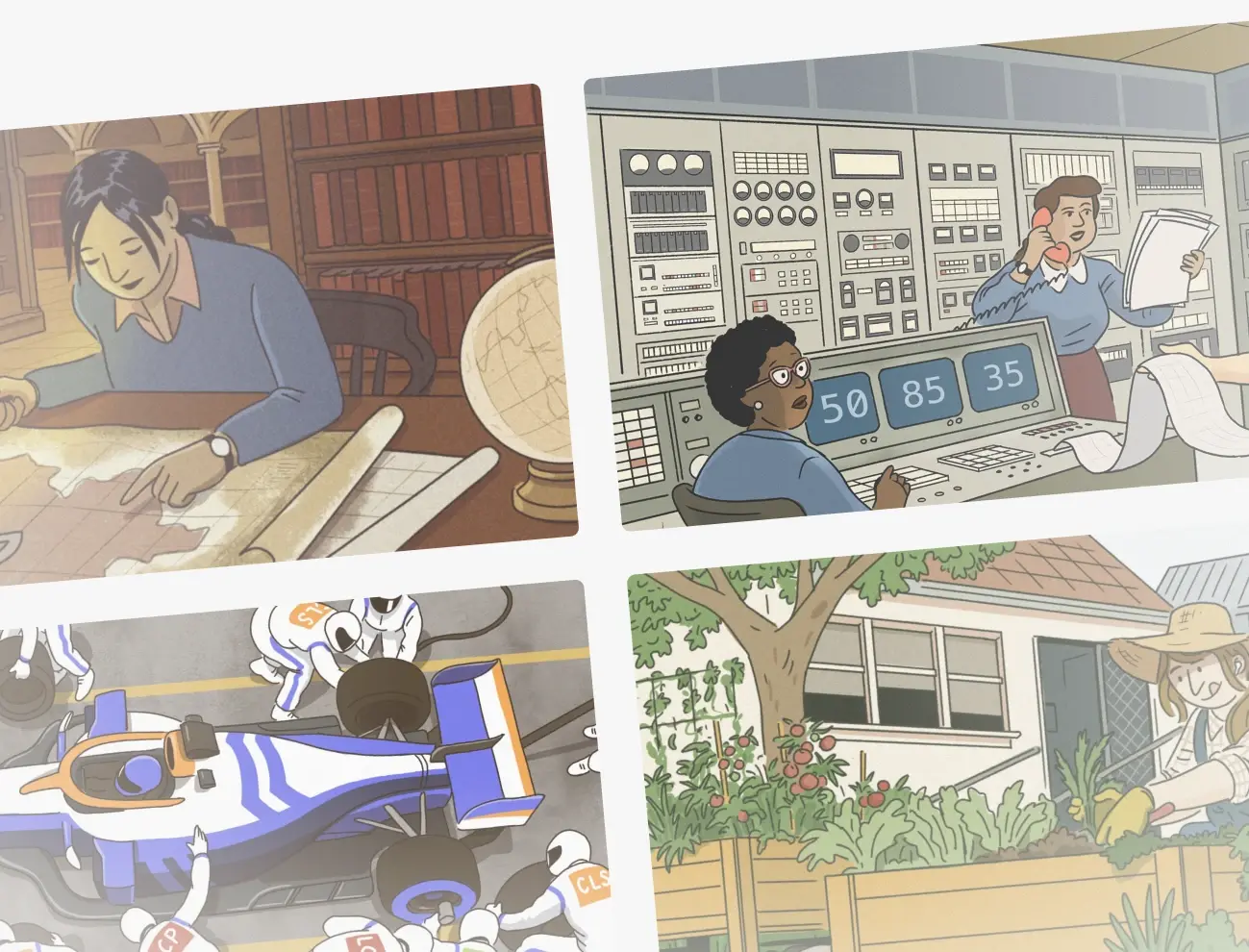 Illustrations for Calibre blog posts about performance, including a fake F1 team changing tyres while wearing outfits with metric names.