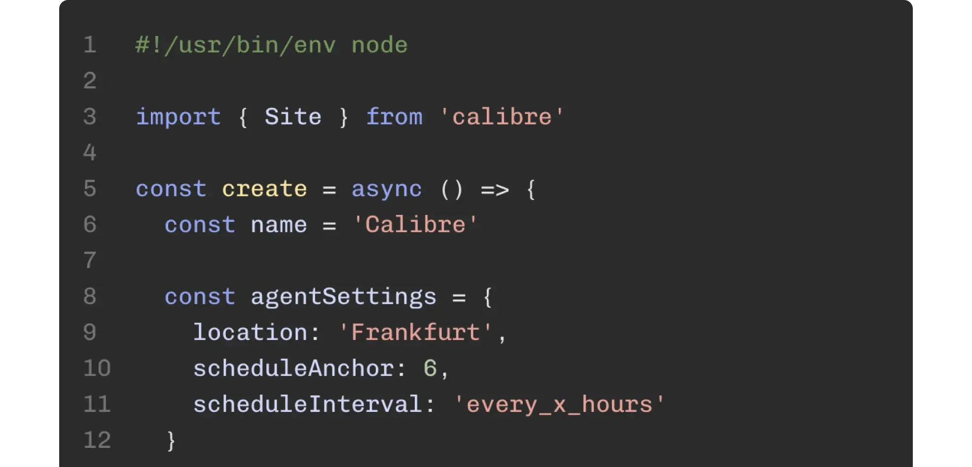 Code editor with a Node.js script example for creating a site in Calibre with a testing schedule.