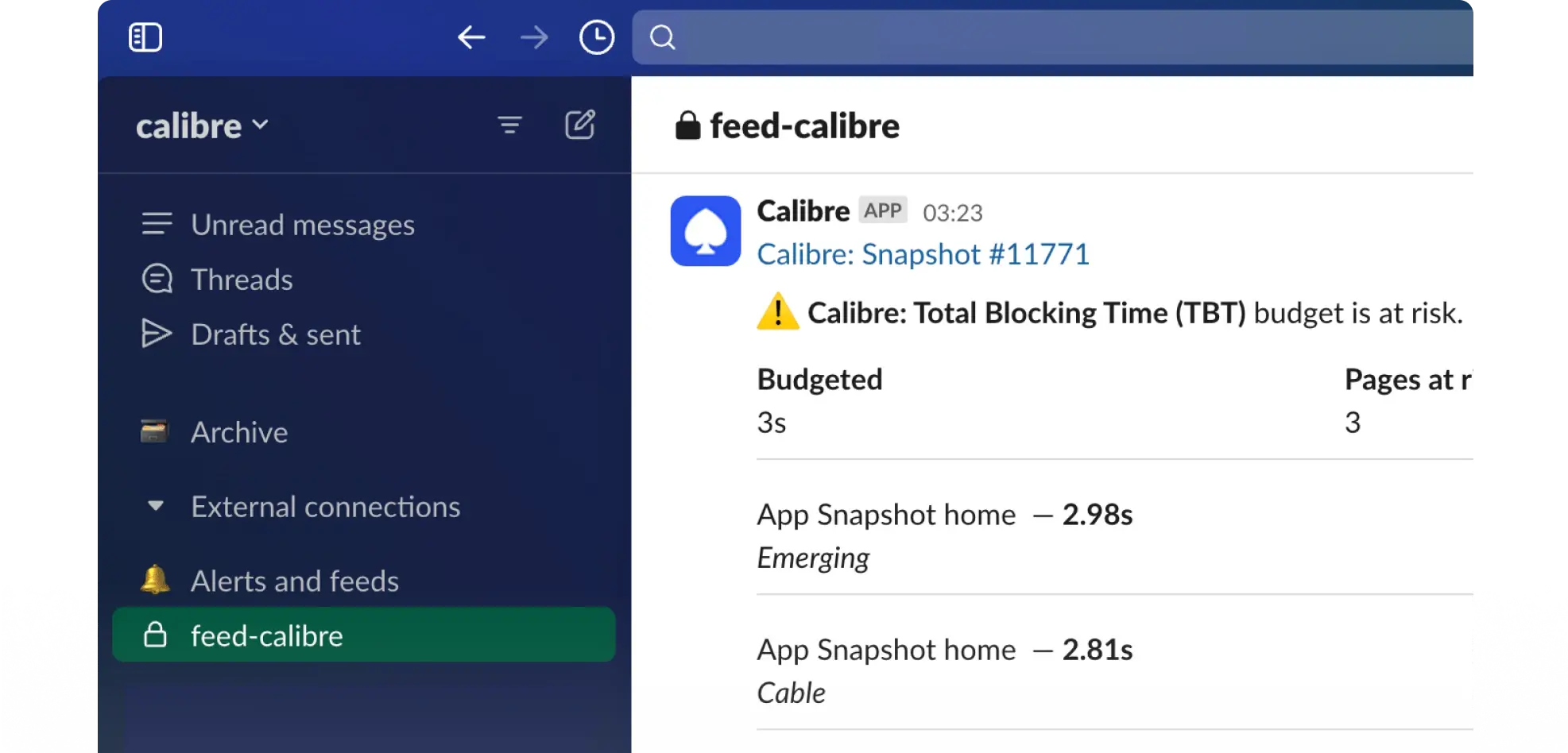An alert about a Total Blocking Time budget sent by Calibre to Slack, outlining pages that are at risk of exceeding the budget.